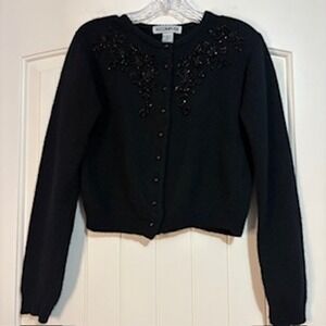 Black Beaded Embellished Cardigan Button Sweater Women Lambs Wool Angora Sz‎ S
